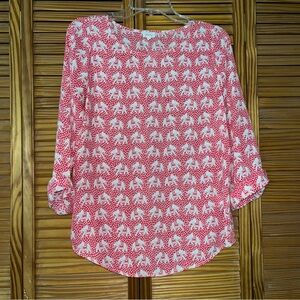 Pixley Lightweight Elephant Print Red 3/4 Sleeve Top Size Small‎